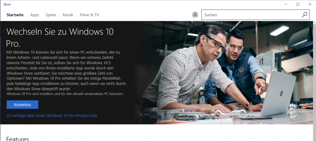 Surface Laptop Upgrade Windows 10 S zu Windows 10 Pro